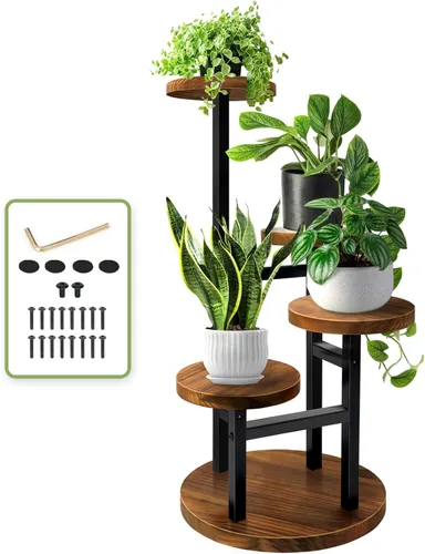Miniatura 10 de AUGOSTA - Soporte para plantas de 3 niveles, estante alto de metal y madera para exhibición en interiores y exteriores, soporte para macetas