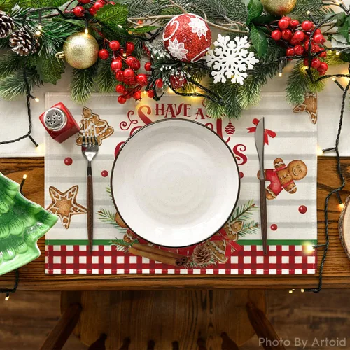 Miniatura 2 de Artoid Mode Juego de 4 manteles individuales de Navidad con helado de jengibre, 12 x 18 pulgadas, para decoración de fiestas, cocina, comedor