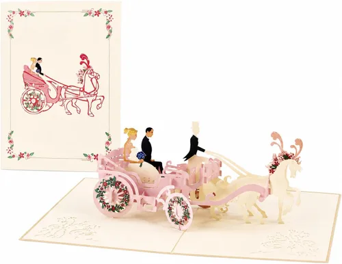 ETA Tarjeta de felicitación desplegable de boda 3D, tarjeta desplegable de carruaje 3D, tarjeta desplegable de aniversario de boda vintage, tarjeta