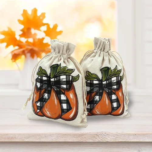 Miniatura 7 de Whaline Paquete de 24 bolsas de arpillera de otoño, bolsas con cordón de calabaza, bolsas de regalo de calabaza a cuadros de acuarela, bolsa