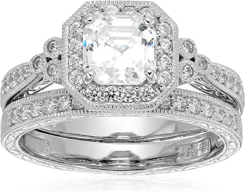 Amazon Essentials Anillo antiguo de plata de ley chapada en platino o oro con circonita cúbica de elementos infinitos de corte Asscher