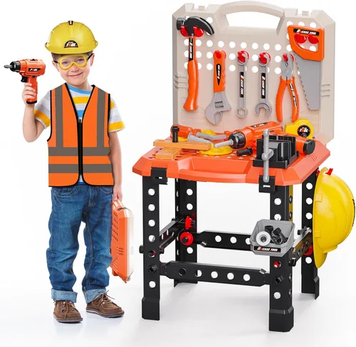 Banco de herramientas para niños - Banco de trabajo de juguete con taladro eléctrico, accesorios de herramientas de juguete y chaleco de