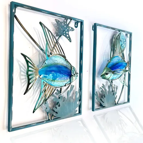LIFFY Decoración de pared de peces de metal con marco - Arte de pared al aire libre, decoración de pared con luces LED de hadas, escultura de pared