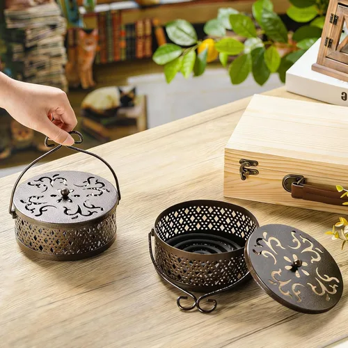 Miniatura 6 de Lallisa Juego de soportes de bobina de incienso, quemador de incienso redondo de metal colgante con asa y tapa, contenedor portátil para patio