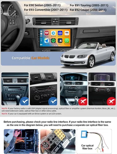 Miniatura 2 de 2G+64G CarPlay Android Auto Android 13 Estéreo de coche para BMW E90 E91 E92 E93 3 Series 2005-2011, 9 "Pantalla táctil Radio de coche con cámara