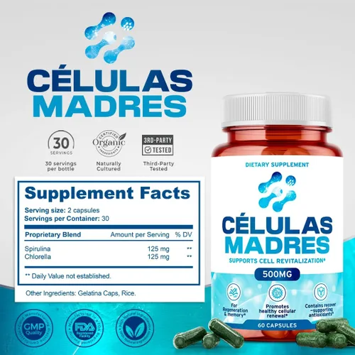 Miniatura 6 de Suplementos de células madre de 500 mg (60 cápsulas) Natural Anti-Envejecimiento y Longevidad Apoyo con Espirulina y Clorella, Impulsa la Renovación