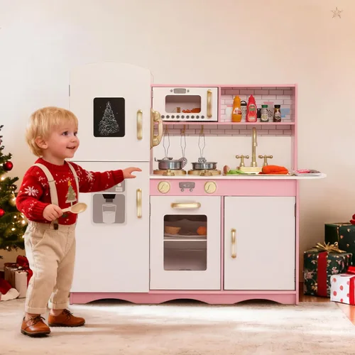 Miniatura 2 de Kinder King Cocina de madera para niños, juego de cocina de juguete para niños pequeños, horno de simulación, microondas, teléfono, pizarra, puertas