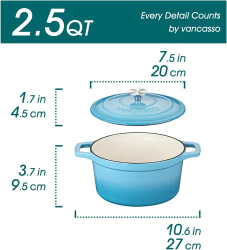 Miniatura 2 de vancasso Olla holandesa de hierro fundido esmaltado, 2.5 cuartos de galón, azul, naturalmente antiadherente, utensilios de cocina tipo cazuela