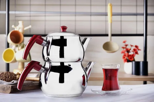 Miniatura 2 de Juego de tetera turca de acero inoxidable para estufa, tetera doble con colador, asas rojas, calentador de agua Samovar para té turco