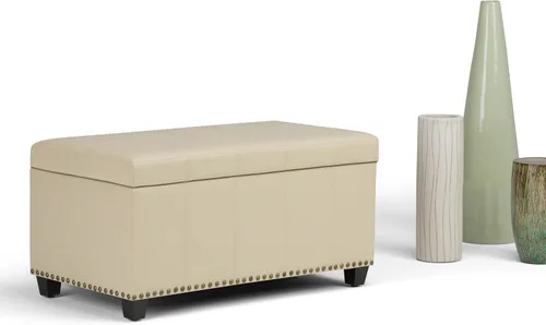 Miniatura 12 de SIMPLIHOME Amelia - Otomana de almacenamiento, banco otomano rectangular de cuero vegano de 33 pulgadas de ancho en negro medianoche, otomana