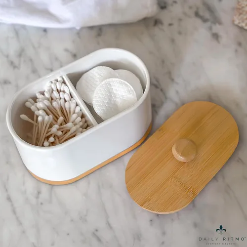Miniatura 5 de DAILY RITMO Dispensador grande de hisopos de algodón blanco y soporte para bolas, contenedor de doble compartimento de dos caras con tapa de bambú