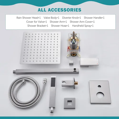 Miniatura 8 de Sistema de Ducha de Níquel Cepillado, Conjunto de Grifería de Ducha con Cabezal de Ducha de Lluvia de 10 Pulgadas y Rociador Manual, Conjunto