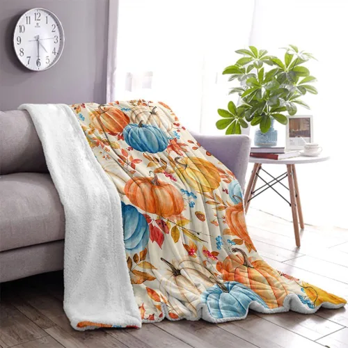 Miniatura 3 de Manta de calabazas de otoño, naranja, blanco, azul, calabazas, hojas y bayas, suave y cálida para sala de estar, sofá, cama, silla o dormitorio, 40
