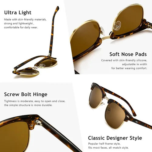 Miniatura 4 de SUNGAIT Gafas de sol retro clásicas de medio marco con lente polarizada