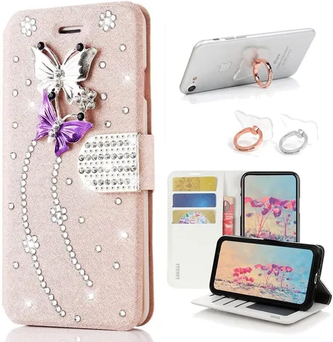 Miniatura 9 de Bling - Funda tipo cartera compatible con iPod Touch 5/iPod Touch 6, elegante, 3D hecha a mano, S-Link, funda de piel con diseño de mariposas