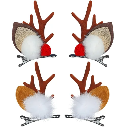 TailaiMei Pinza para el cabello de Navidad, 2 pares de lindos cuernos de reno, accesorios para el cabello con bola de felpa, horquillas de Navidad