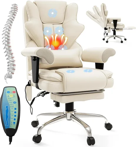 Silla de Oficina de Masaje de 7 Puntos, Silla Gerencial Calefaccionada, Silla Ejecutiva Ergonómica con Reposapiés, Reposabrazos Ajustable, Silla de