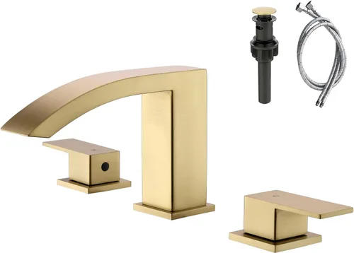 Grifo de baño de cascada de oro cepillado con 3 agujeros, grifo de fregadero de baño de 8 pulgadas, 2 asas, grifo de tocador de baño generalizado de
