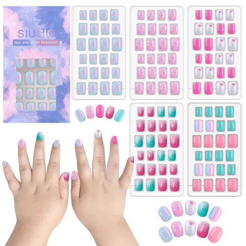 Miniatura 18 de 120 unidades de 5 uñas postizas acrílicas a presión para niños, lindo prepegamento de cubierta completa con purpurina, color degradado, arcoíris