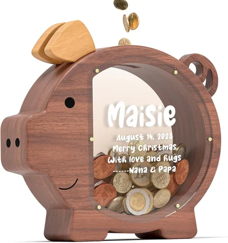 Miniatura 13 de Summidate Alcancía de madera para niños, niñas, niños y adultos, grandes facturas irrompibles, cambio de monedas, tarro de ahorro de dinero, regalo