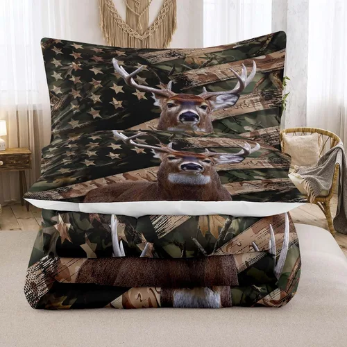 Miniatura 3 de NINENINE - Juego de edredón de ciervos camuflados - Tamaño individual, ropa de cama temática occidental de bosque con bandera americana para niños