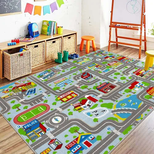 Miniatura 15 de Capslpad Alfombra Azul de Coche y Carretera para Niños, Alfombra de Juego para Sala de Juegos, Alfombra Antideslizante Lavable con Mapa de la Ciudad