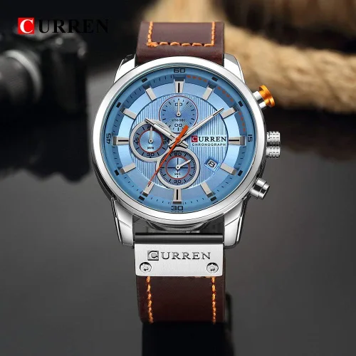 Miniatura 3 de Reloj de cuarzo analógico con correa de cuero para hombre, estilo clásico, informal, de acero inoxidable, impermeable, cronógrafo, fecha, analógico