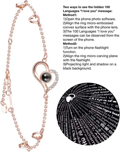 Miniatura 2 de OneSight Pulsera de proyección de corazón para mujer, joyería de plata de ley 925, pulsera o tobillera con memoria de amor, 100 idiomas diferentes