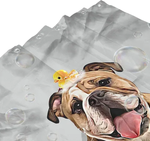 Miniatura 3 de jamie world Cortina de ducha de granja en blanco y negro, divertida cortina de ducha floral de bulldog para baño, cortina de ducha de animales, tela