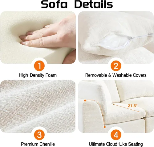 Miniatura 3 de Sofá sin hueso de 140 pulgadas para sala de estar, sofá modular de gran tamaño de 7 plazas con otomana, no requiere montaje, felpilla moderna
