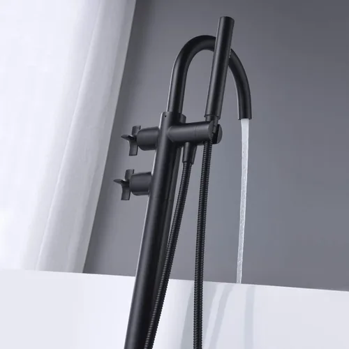 Miniatura 4 de Grifo de bañera independiente Llenador de bañera Grifos de latón de montaje en piso negro con ducha de mano