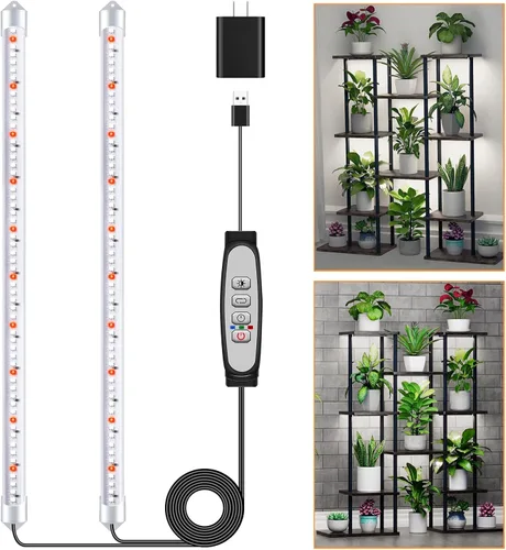 SDOVUERC Tiras de luz de cultivo de 2 barras para plantas de interior con temporizador de encendido/apagado automático de 6/12/18H, 5 niveles