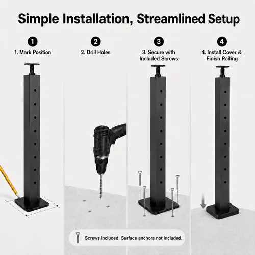 Miniatura 5 de 1 poste de barandilla de cable de 36 x 2 x 2 pulgadas, acabado negro de acero inoxidable, para escaleras y pasamanos de cubierta, se puede instalar