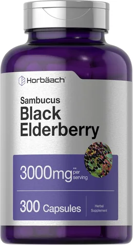 Horbäach Baya de saúco negro | Cápsulas de 3000 mg | 300 unidades | Sin OMG, sin gluten | Suplemento Sambucus