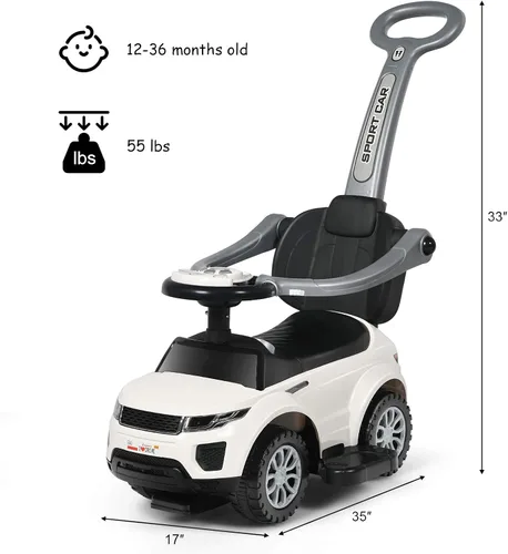 Miniatura 7 de Costzon 3 en 1 Coche de Paseo y Empuje, Carriola Deslizante con Bocina, Música, Luz, Almacenamiento Bajo el Asiento, Mango Parental, Barreras