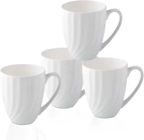 Juego de 4 tazas de café blancas de porcelana fina (12 oz), tazas de té de cerámica con patrón en espiral, tazas de café de porcelana fina, tazas de