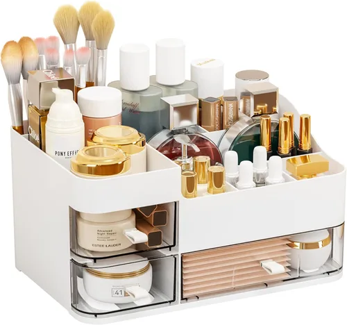 Miniatura 6 de SuoXing Organizador de maquillaje rosa para tocador, grandes organizadores de plástico para el cuidado de la piel con cajones, organizador