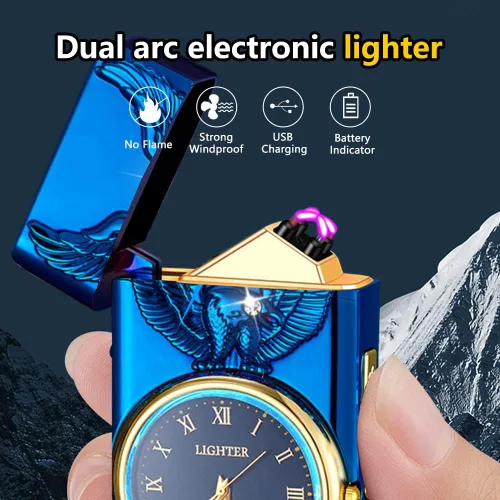Miniatura 4 de Encendedor de Plasma de Doble Arco con Reloj Eléctrico, Recargable por USB con Pantalla de Batería, Reloj y Linterna - Regalo Único para Hombres