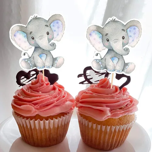Miniatura 2 de 24 piezas de decoración de cupcakes de elefante azul para decoración de cupcakes con temática de elefante, baby shower, niños, niños o niñas