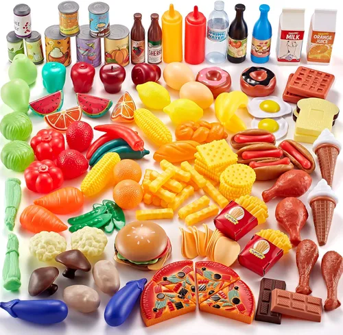 Juego de alimentos Shimfun Play de 143 piezas de comida para niños de cocina – surtido de alimentos de juguete – Alimentos para niños – Juguetes de
