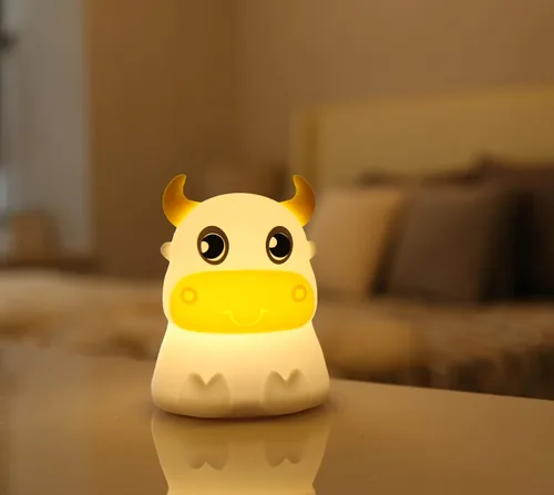 Miniatura 7 de Linda luz nocturna para niños, lámpara de noche para dormitorio, bebé, portátil, batería de silicona portátil, luz nocturna LED, para guardería Vaca