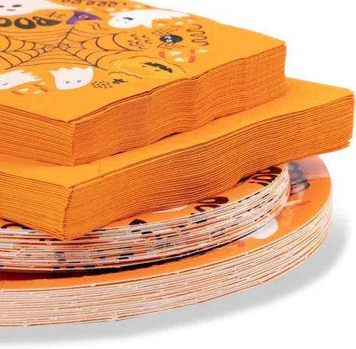 Miniatura 8 de Juego de vajilla desechable de 80 piezas con diseños de fantasma y calabaza, incluye platos de 9 y 7 pulgadas, servilletas de cóctel y almuerzo