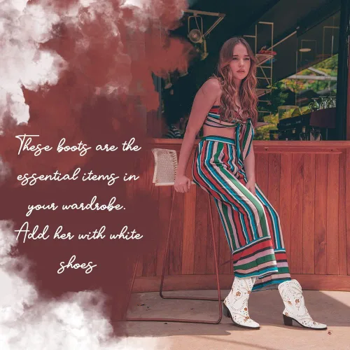Miniatura 2 de Uacllcau Botas vaqueras bordadas para mujer botas vaqueras florales de tacón bajo y grueso botas occidentales para boda vestido de novia