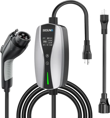 Cargador EV de nivel 1/2, enchufe NEMA 5-15 de corriente ajustable de 16 amperios/adaptador NEMA 6-20, retardo de sincronización y pantalla LED,