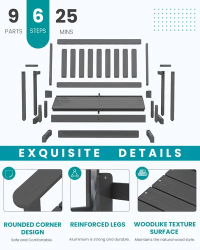 Miniatura 4 de SERWALL Silla Mecedora Deslizante para Exteriores, HDPE Resistente a Todo Clima, Sofá Biplaza para 2 Personas, Banco Mecedor para Exteriores con Gris