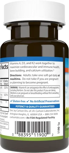 Miniatura 3 de Carlson - Vitaminas A, D3, K2, 3000 mcg RAE Vitamina A, 125 mcg de Vitamina D3, 90 mcg de Vitamina K2 como MK-7, Construcción de Huesos, Utilización