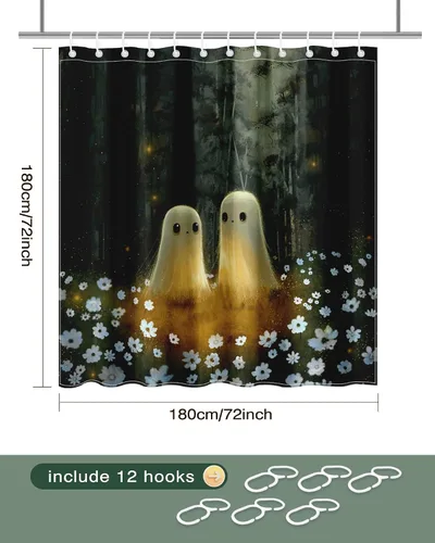 Miniatura 3 de Lindameler Cortina de ducha de Halloween de tela espeluznante, bonita cortina de baño de fantasma, decoración con 12 ganchos de 72 x 72 pulgadas