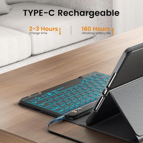 Miniatura 5 de OYEEICE Funda de teclado para iPad 6ª/5ª generación de 9.7 pulgadas, teclado inalámbrico desmontable retroiluminado de 7 colores, cubierta magnética