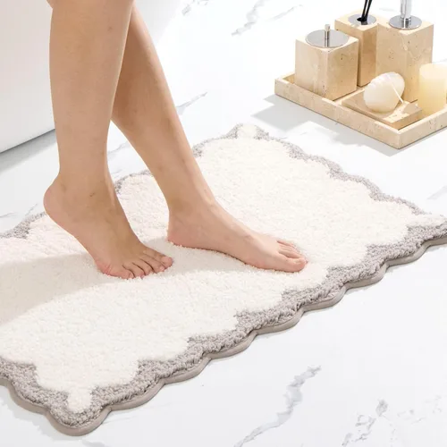 Miniatura 35 de ORTIGIA Pequeña y Linda Alfombra de Baño con Volados, Alfombras de Baño de Microfibra de Lujo en Blanco y Rosa, Antideslizante, Lavable, de Secado