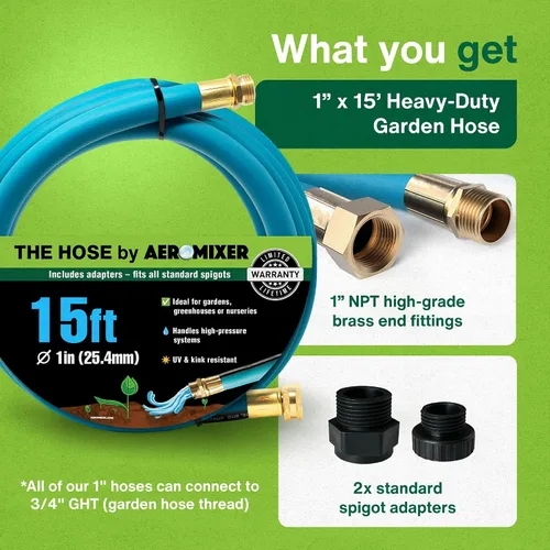Miniatura 5 de Aeromixer THE HOSE - Manguera de jardín de 1 pulgada de 15 pies con juego de adaptadores para espitas de 3/4, mangueras de jardín comerciales sin